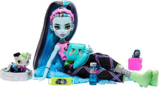 Monster High Doll and Sleepover Accessories, Frankie Stein Doll with Pet Dog Watzie