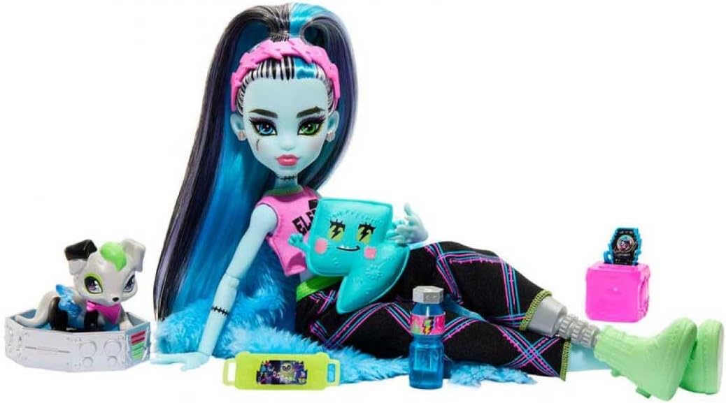 Monster High Doll and Sleepover Accessories, Frankie Stein Doll with Pet Dog Watzie