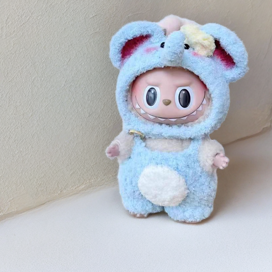 Labubu Elephant Outfit Set - Pink Hoodie & Blue Overalls (17cm)
