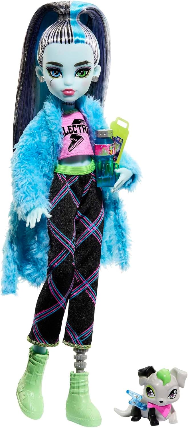 Monster High Doll and Sleepover Accessories, Frankie Stein Doll with Pet Dog Watzie