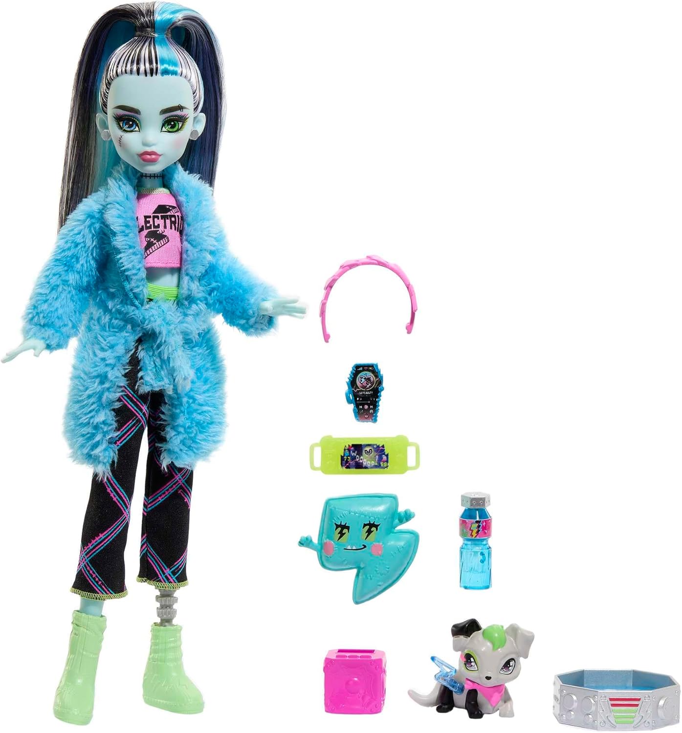 Monster High Doll and Sleepover Accessories, Frankie Stein Doll with Pet Dog Watzie
