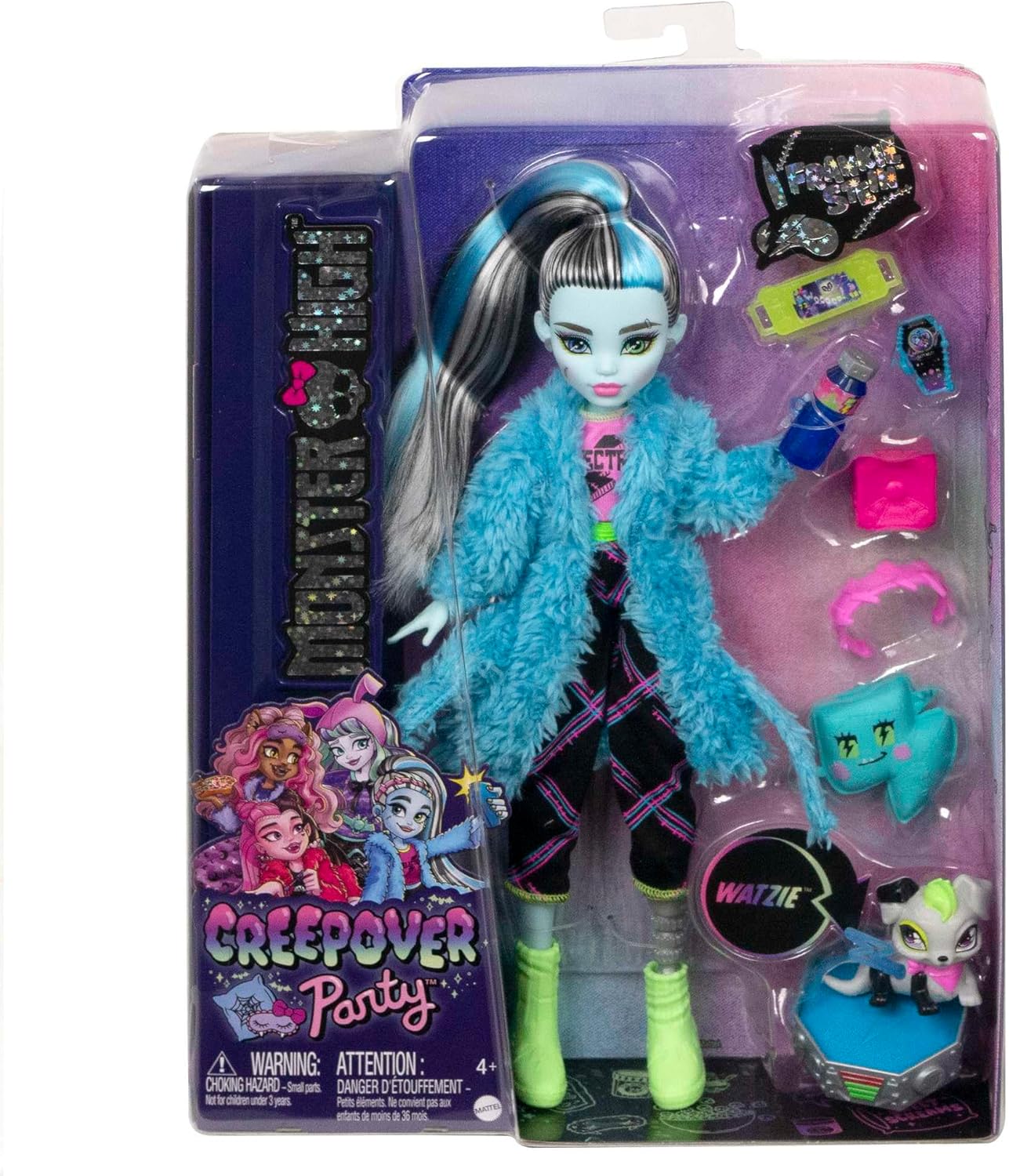 Monster High Doll and Sleepover Accessories, Frankie Stein Doll with Pet Dog Watzie