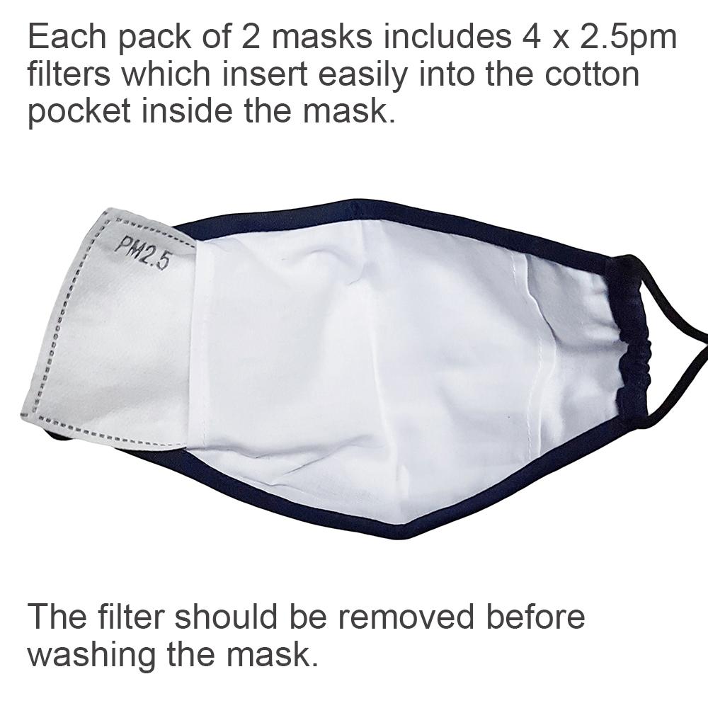 3 Layer Cotton Face Masks. 2 Pack. With 4 Filters
