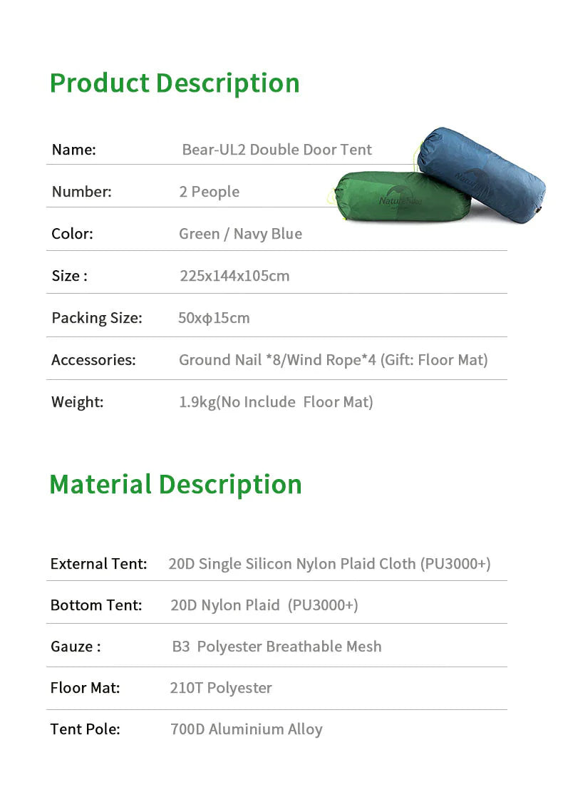 Naturehike Bear-UL2 2 Man Tent (Green) 20D