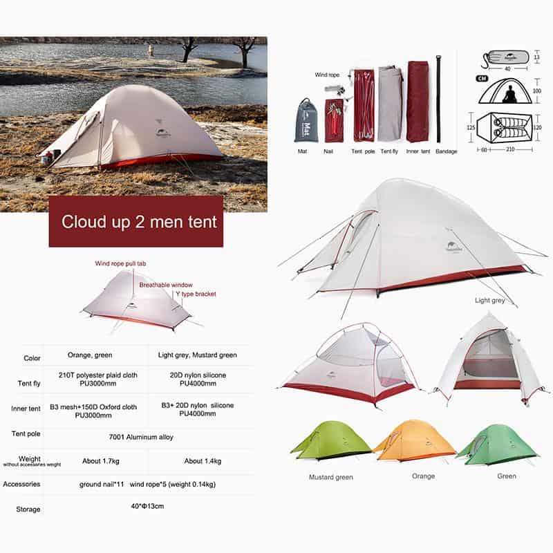 Naturehike Cloud Up 2 Updated Version With Mat 20D (Various Colours)