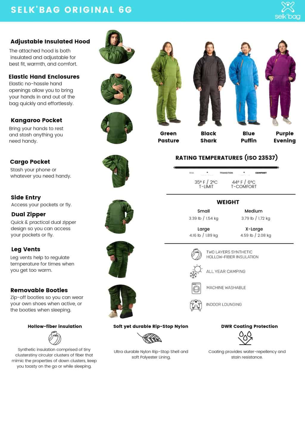 Selk'bag Original 6G  Green Pasture Sleeping Bag Suit (Various sizes)