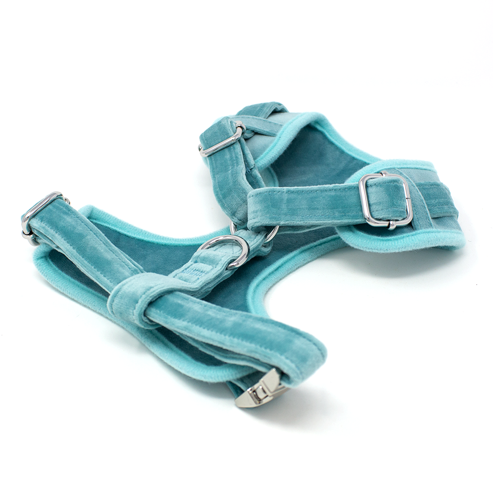Tiffany's - Light Teal Velvet Dog Harness with Silver Metal Hardware