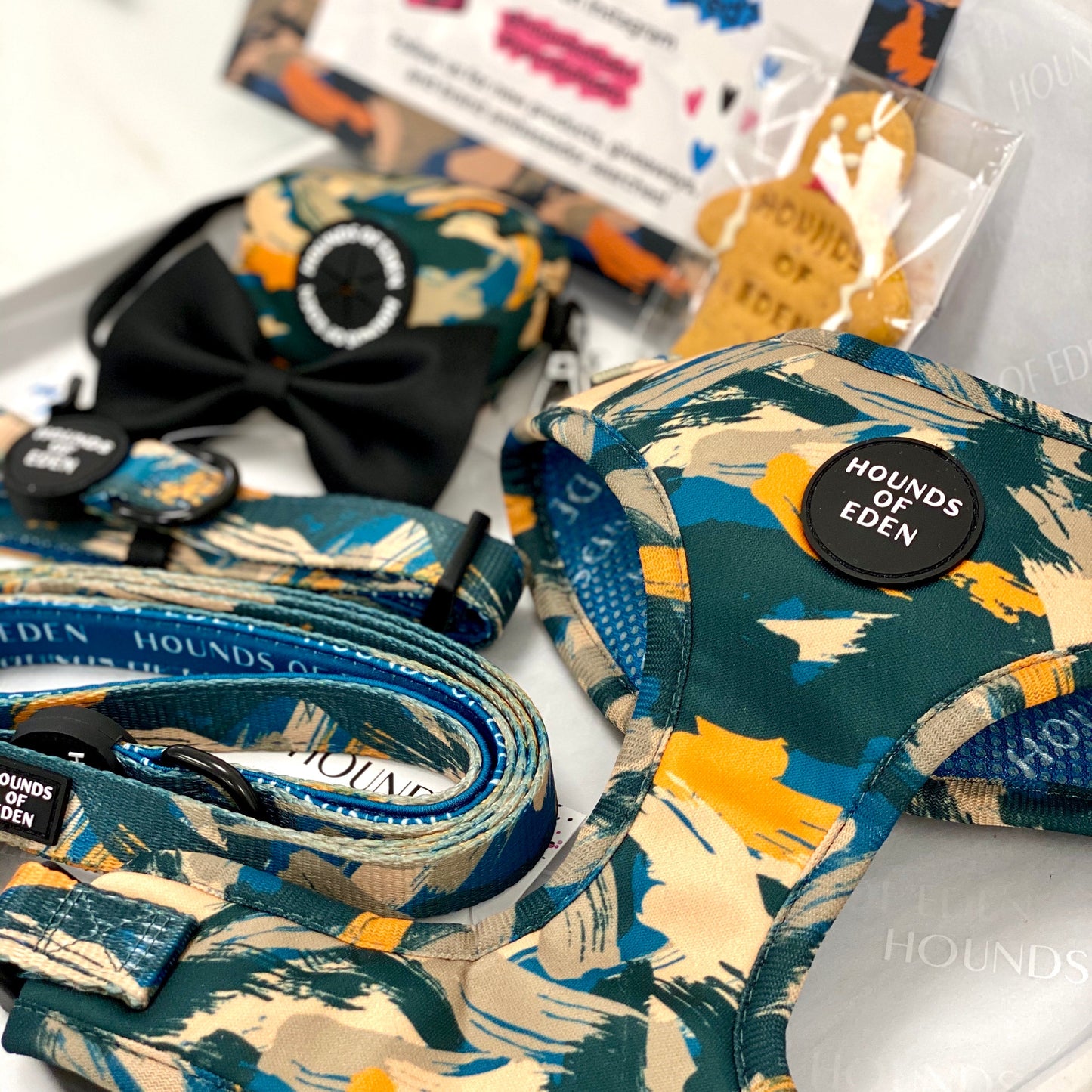 'Brush it Off' - Olive, Blue & Orange Camo Pattern Dog Harness