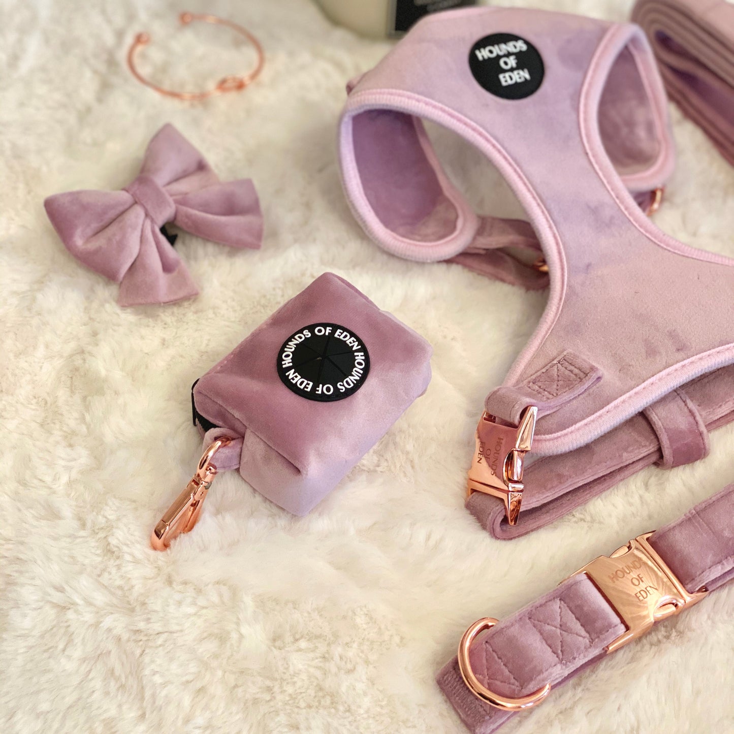 Lilac Dreams - Lilac Velvet Dog Harness with Rose Gold Metal Hardware