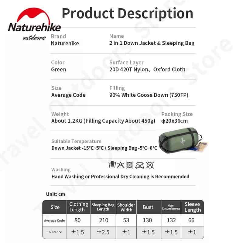 Naturehike 2 in 1 Sleeping Bag and Down  Jacket