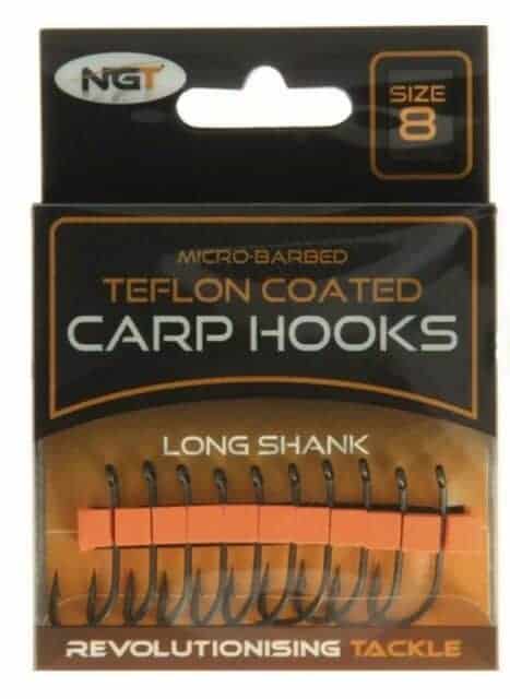 Teflon Coated Long Shank Micro Barbed Carp Hooks - Size 8 - Pack of 10 - [NGT]