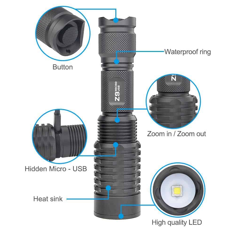 Trust Fire Z9 Zoomable 3 mode Flashlight USB recharge